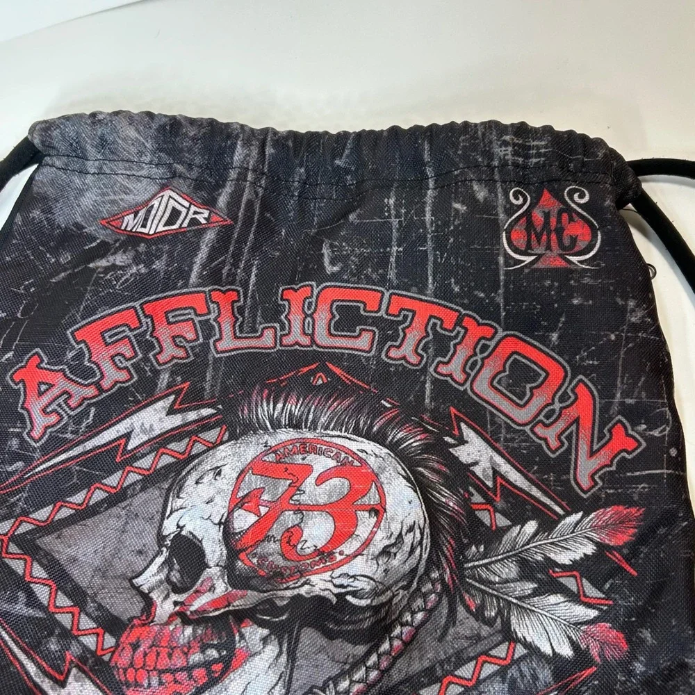 Affliction x Buckle Live Fast Skull Drawstring Backpack Black Red Mohawk Graphic
